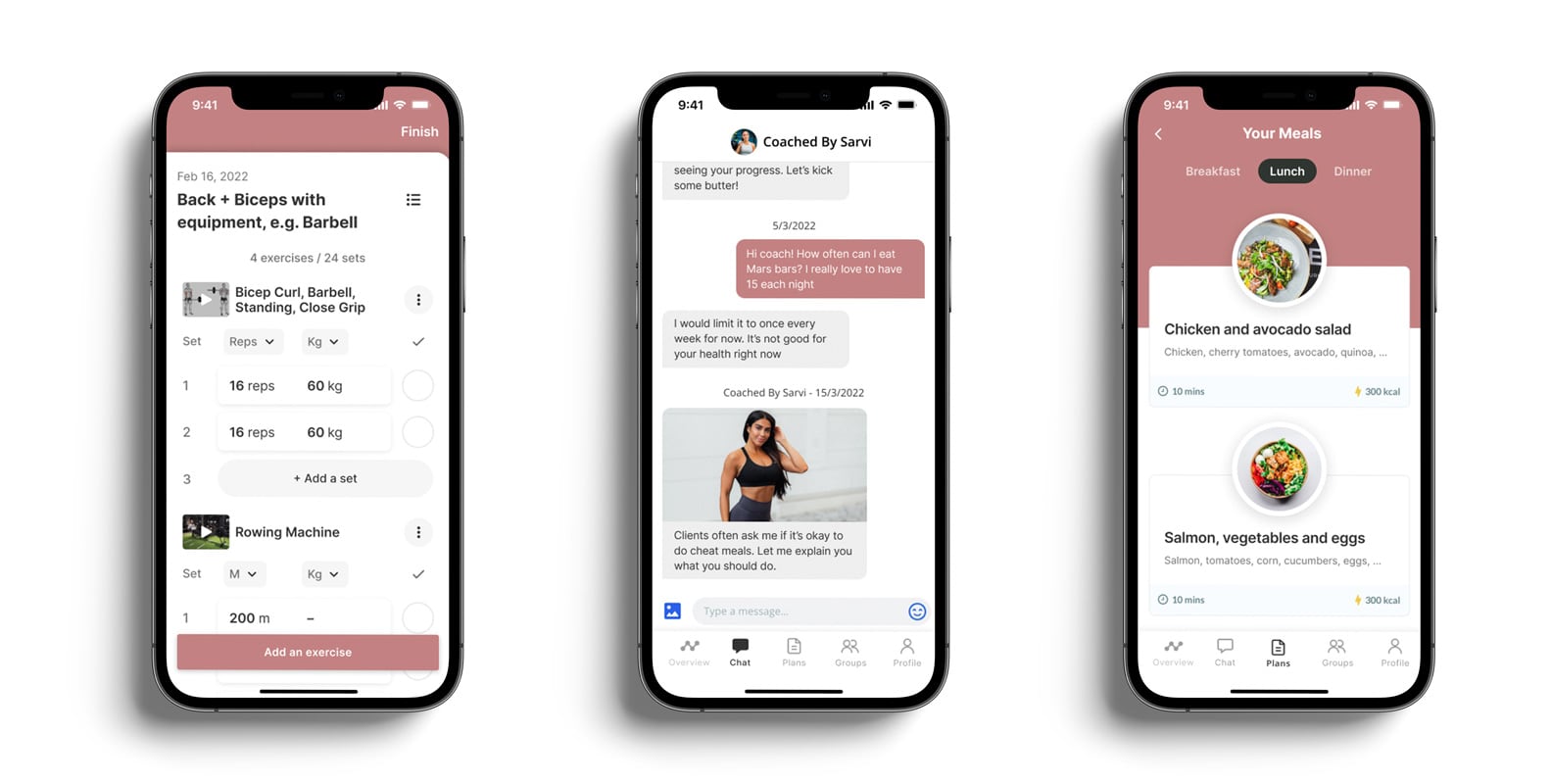 A mockup of the coaching app showcasing the different features.
